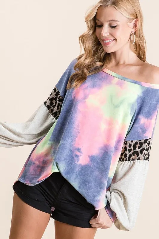 BiBi Tie Dye Terry Top with Contrast Puff Sleeves Tops