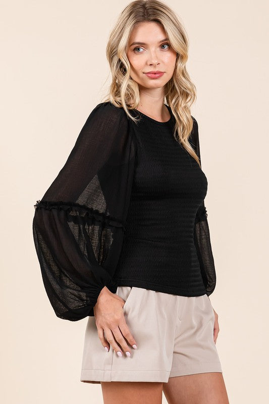 Mittoshop Mixed Media Textured Knit Chiffon Long Sleeve Top