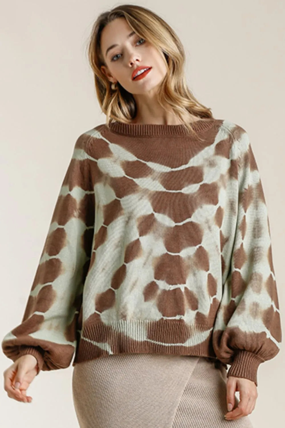 Umgee Full Size Ribbed Hem Tie Dye Round Neck Sweater Plus Size | Daverri Fashions