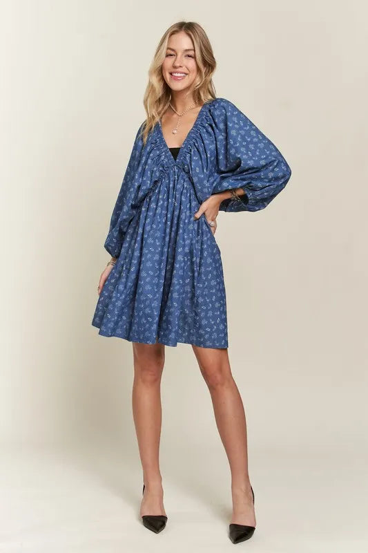 ADORA Batwing Sleeves Floral Dress DENIM WHITE