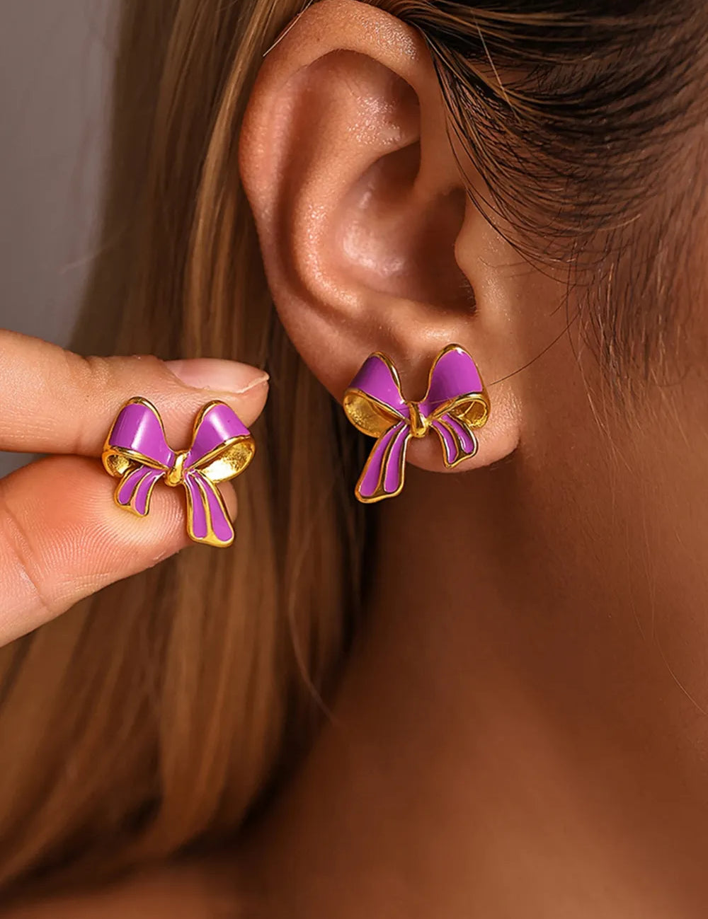 Vivid Violet One Size Stainless Steel Oil Drip Bow Stud Earrings | Earrings Daverri Fashions