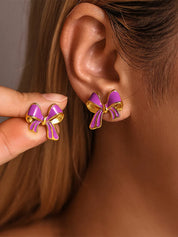 Vivid Violet One Size Stainless Steel Oil Drip Bow Stud Earrings | Earrings Daverri Fashions
