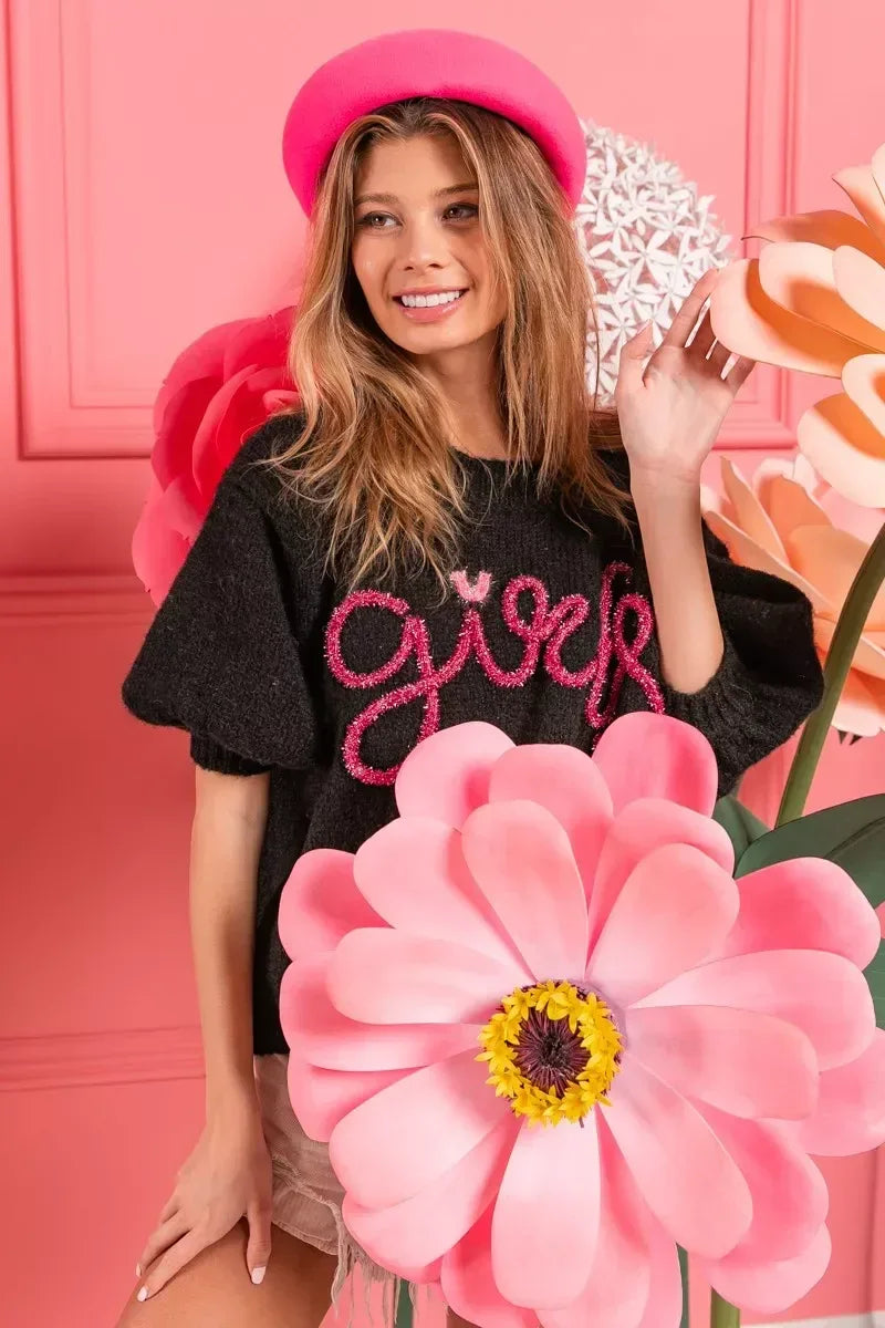 BiBi Metallic Letter Short Puff Sleeve Hairy Sweater - DAVERRI FASHIONS