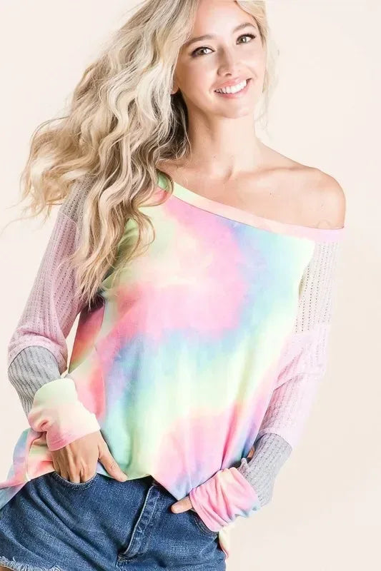 BiBi Tie Dye Terry Top with Color Block Pointelle Knit - DAVERRI FASHIONS