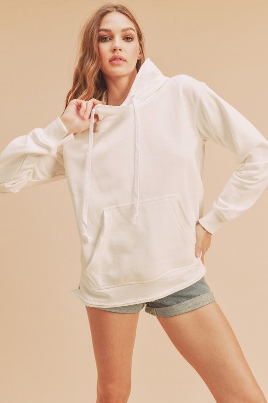 Aemi + Co Raw Hem Kangaroo Pocketed Drawstring Hoodie Hoodies