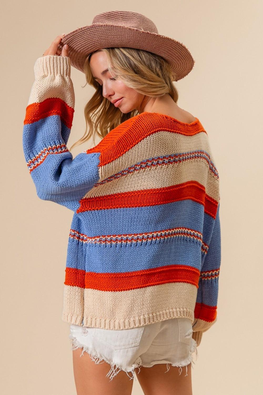 BiBi Multi Color Stripe Scoop Neck Sweater - DAVERRI FASHIONS