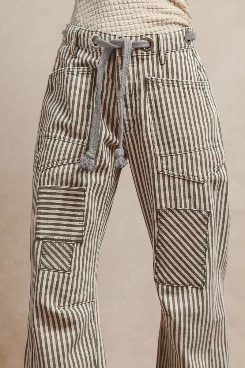 BiBi Drawstring Striped Twill Barrel Pants Grey with patchwork