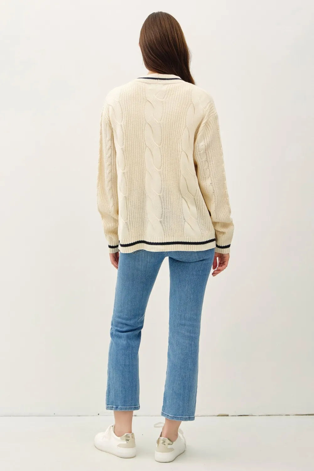 Be Cool Contrast Trim Cable-Knit V-Neck Cardigan Cardigans