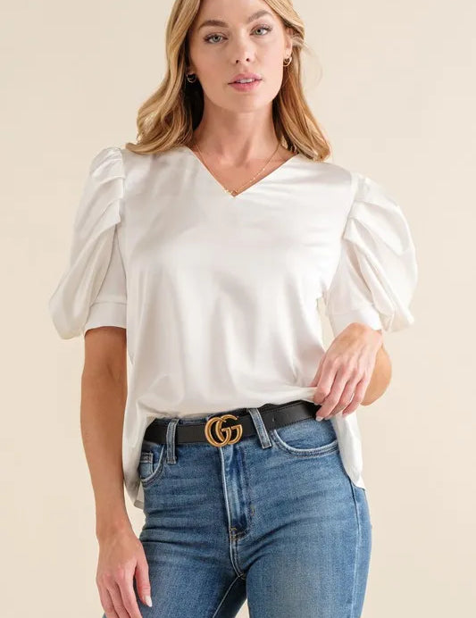 WHITE And The Why Plain Satin Puff Shirring V Neck Blouse Top | Daverri Fashions