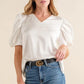 And The Why Plain Satin Puff Shirring V Neck Blouse Top WHITE
