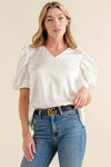 And The Why Plain Satin Puff Shirring V Neck Blouse Top - DAVERRI FASHIONS