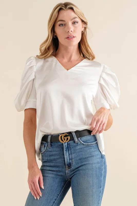 And The Why Plain Satin Puff Shirring V Neck Blouse Top WHITE