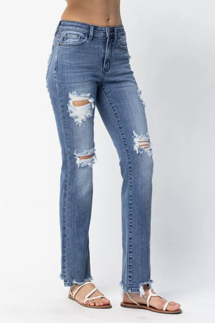 Judy Blue Full Size Mid Rise Destroy Straight Jeans Plus Size | Jeans Daverri Fashions