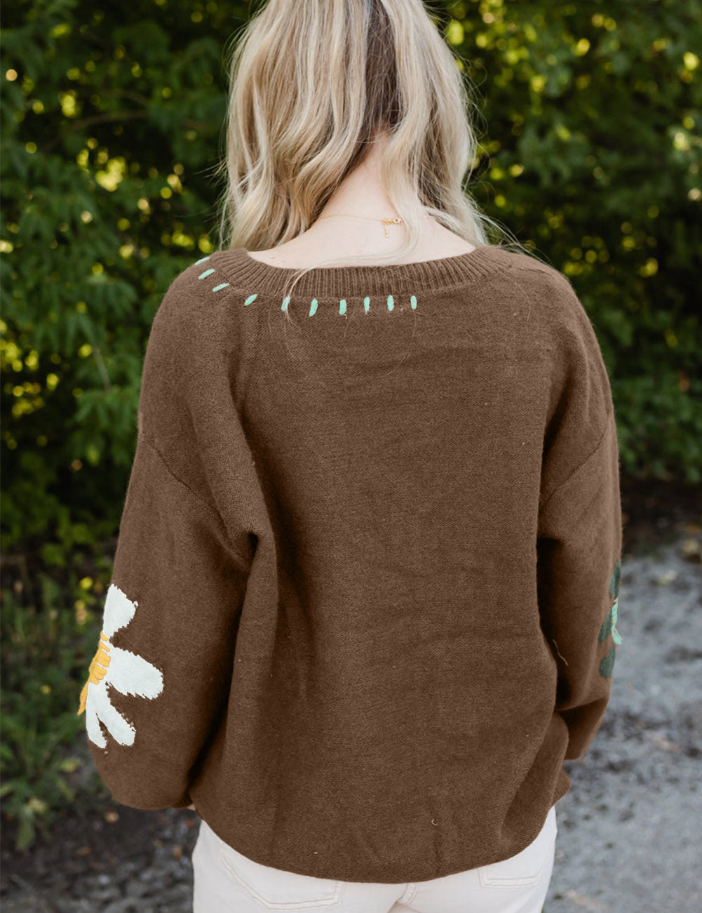 Big Flower Pattern V Neck Drop Shoulder Sweater | Sweaters Daverri Fashions