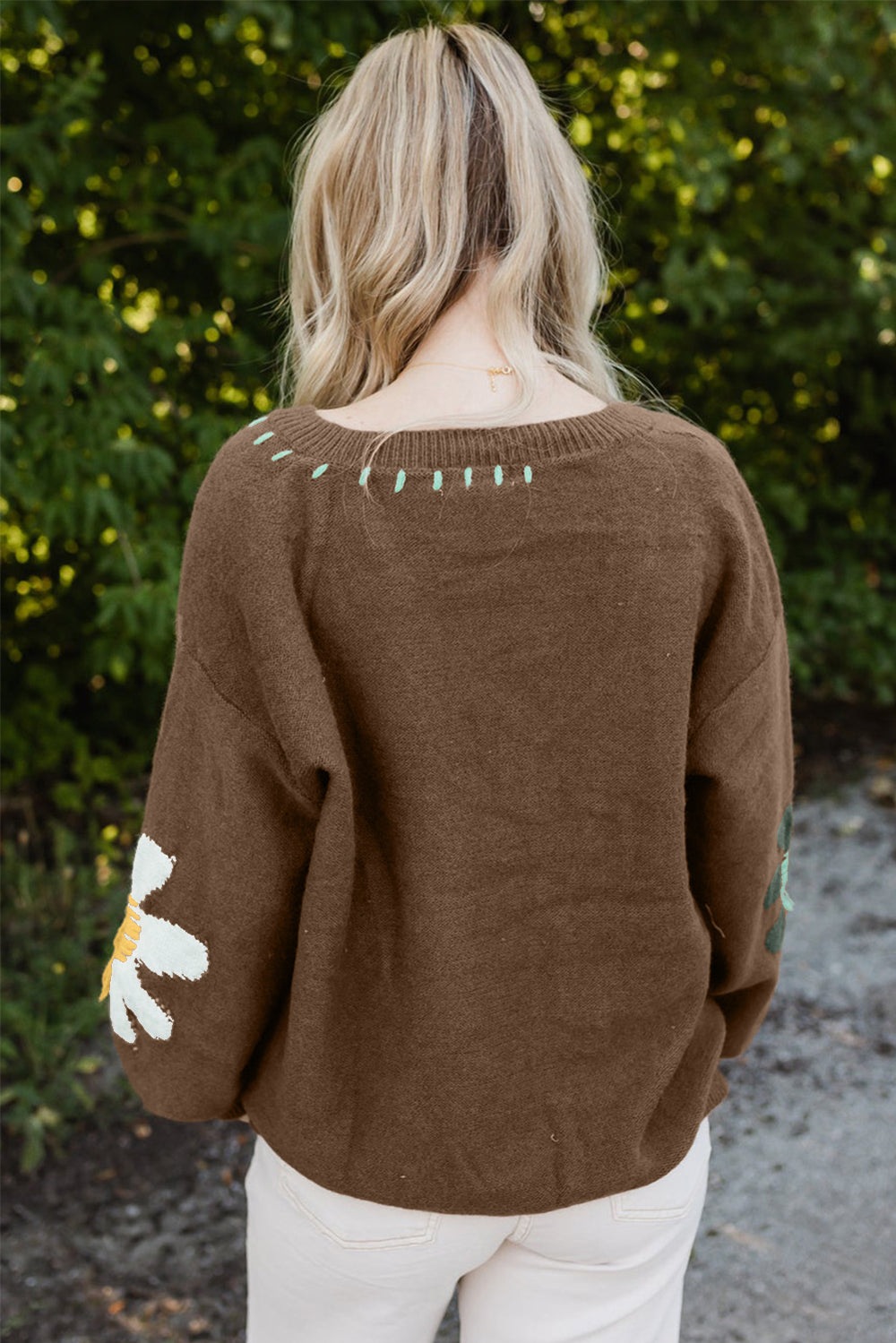 Coffee Big Flower Pattern V Neck Drop Shoulder Sweater | Sweaters & Cardigans/Sweaters Daverri Fashions