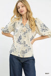 Umgee floral embroidered blouse in cream and navy with puff sleeves