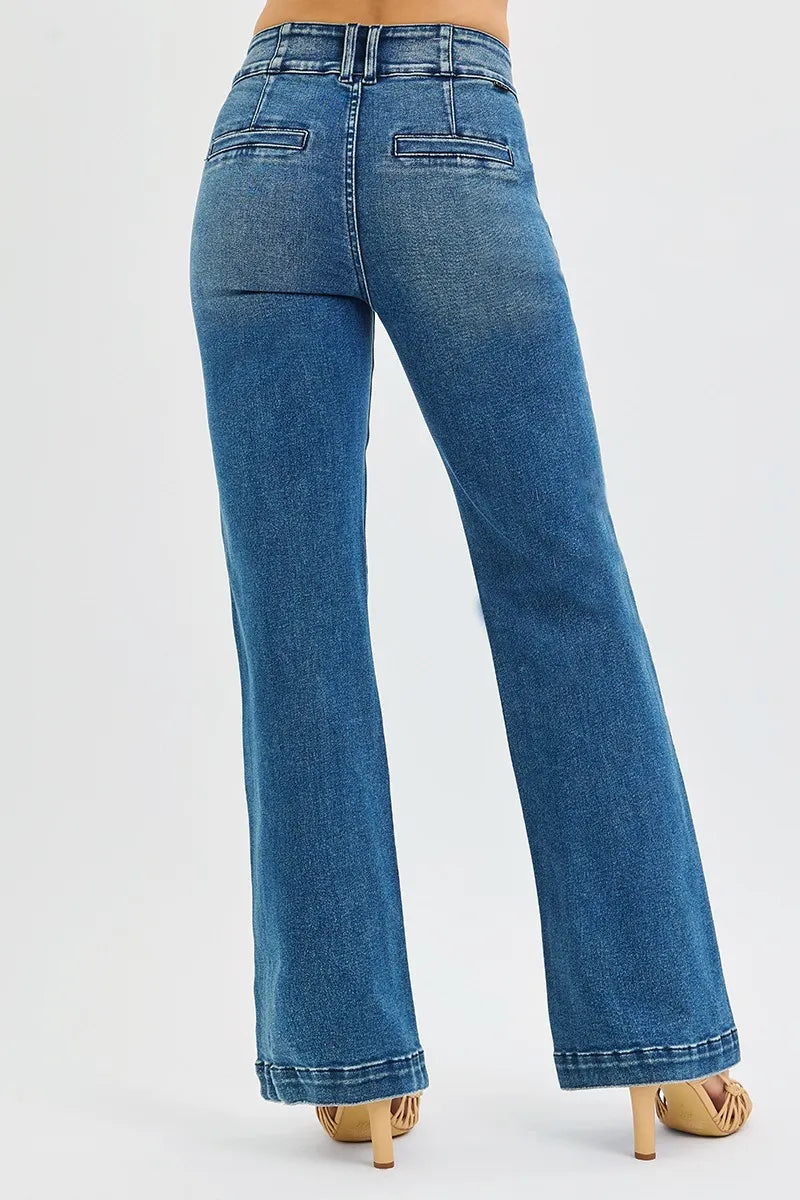 RISEN Full SIze Tummy Control High Rise Bootcut Jeans with Double Button Waistband Plus SIze | Daverri Fashions
