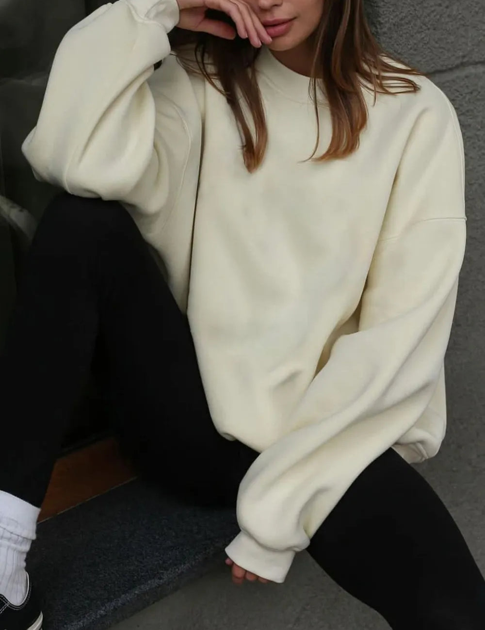 Beige Round Neck Dropped Shoulder Long Sleeve Sweatshirt | Sweatshirts Daverri Fashions