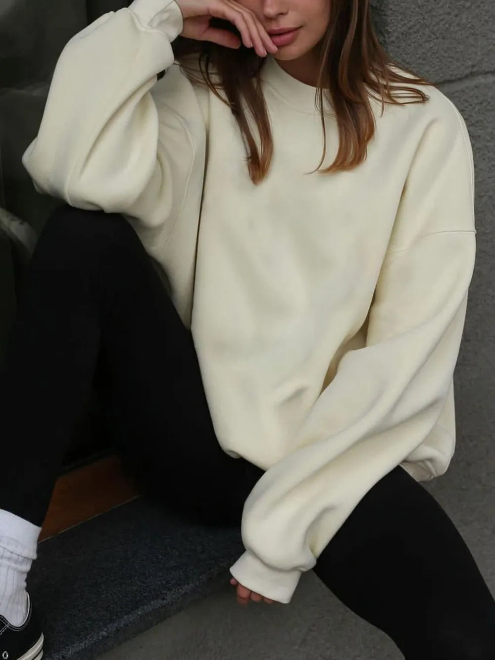 Beige Round Neck Dropped Shoulder Long Sleeve Sweatshirt | Sweatshirts Daverri Fashions