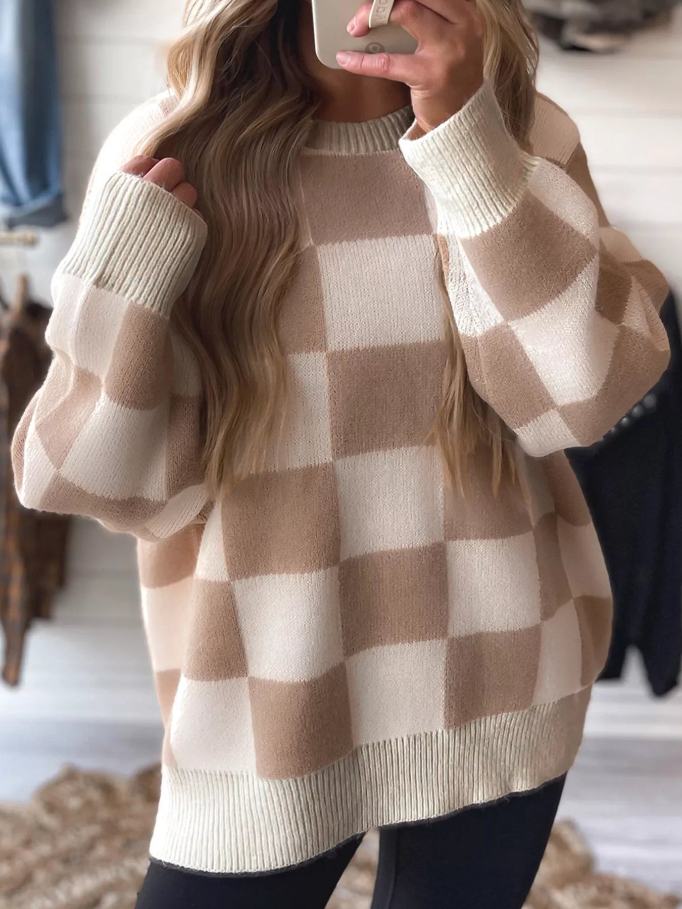 Cozy Daverri checkered knit baggy sweater with ribbed trim