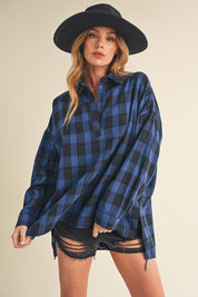 Aemi + Co Side Slit High-Low Plaid Long Sleeve Polo Shirt Peacock Blue Shirts