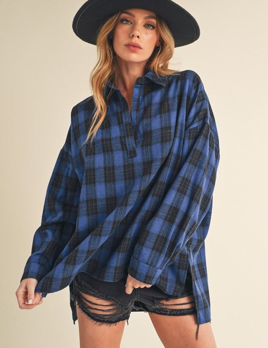 Aemi + Co Side Slit High-Low Plaid Long Sleeve Polo Shirt Peacock Blue Shirts