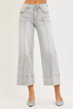 Light gray Risen tummy control mid-rise crop wide-leg jeans with pintucks