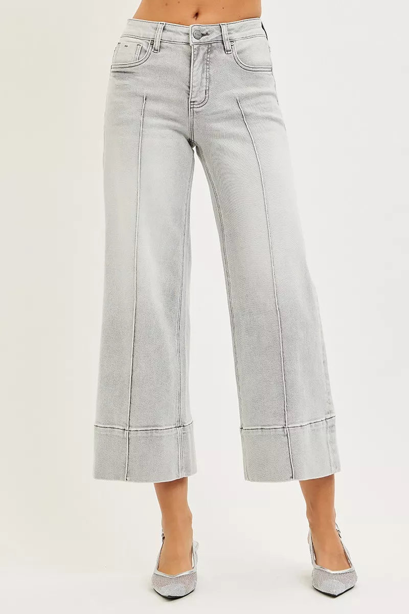 Light gray Risen tummy control mid-rise crop wide-leg jeans with pintucks