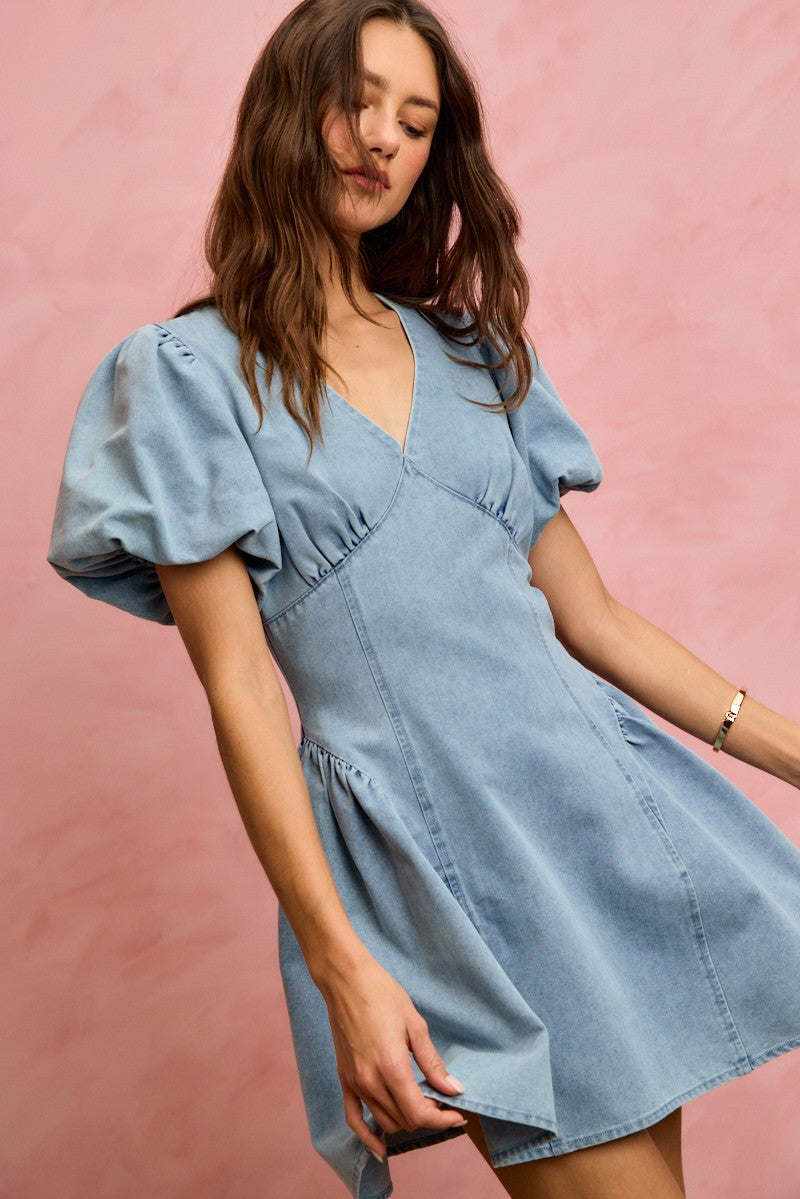 SO ME bubble sleeves light blue denim fit and flare mini dress with v-neckline