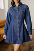 Classic blue denim shirt collar long sleeve flared mini dress