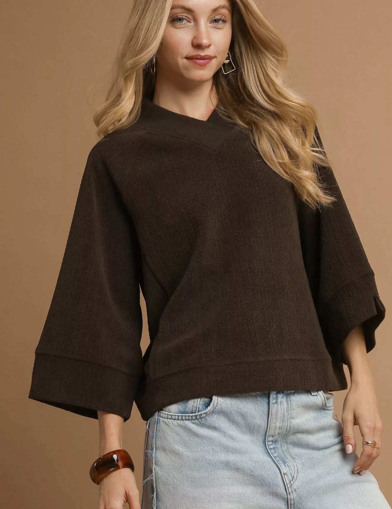 CHOCOLATE Umgee Textured Knit V-Neck Top Chocolate | Blouses Daverri Fashions