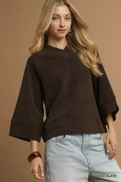 Umgee Textured Knit V-Neck Top Chocolate - DAVERRI FASHIONS