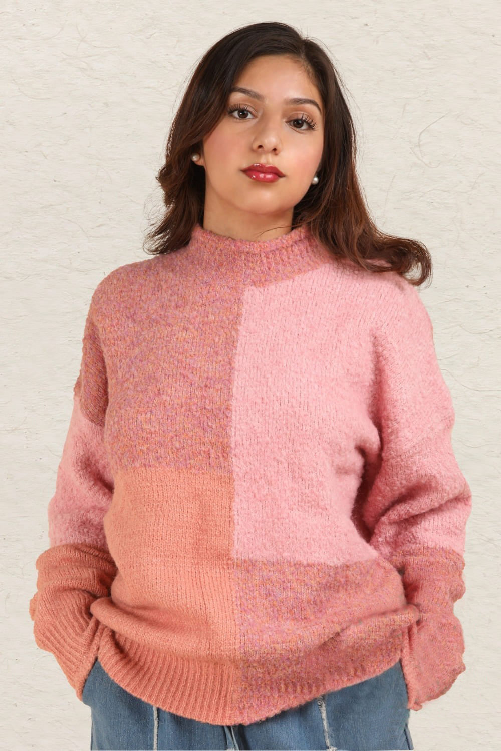 VERY J Color Block Mock Neck Drop Shoulder Sweater Pink Tops