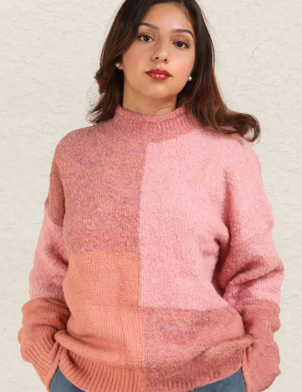 Pink VERY J Color Block Mock Neck Drop Shoulder Sweater Pink | Sweaters Daverri Fashions