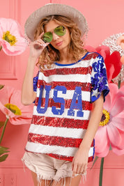 BiBi American Flag Theme USA Lettering Sequin Top | Tops Daverri Fashions