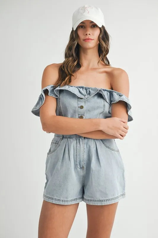 MABLE Off Shoulder Ruffle Detail Denim Romper Rompers