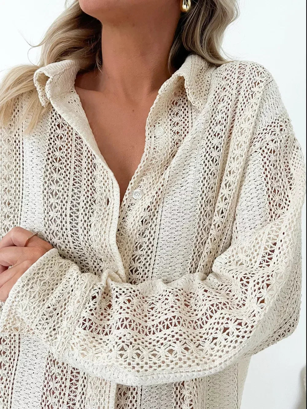 Lace Crochet Collared Neck Oversized Shirt - DAVERRI FASHIONS