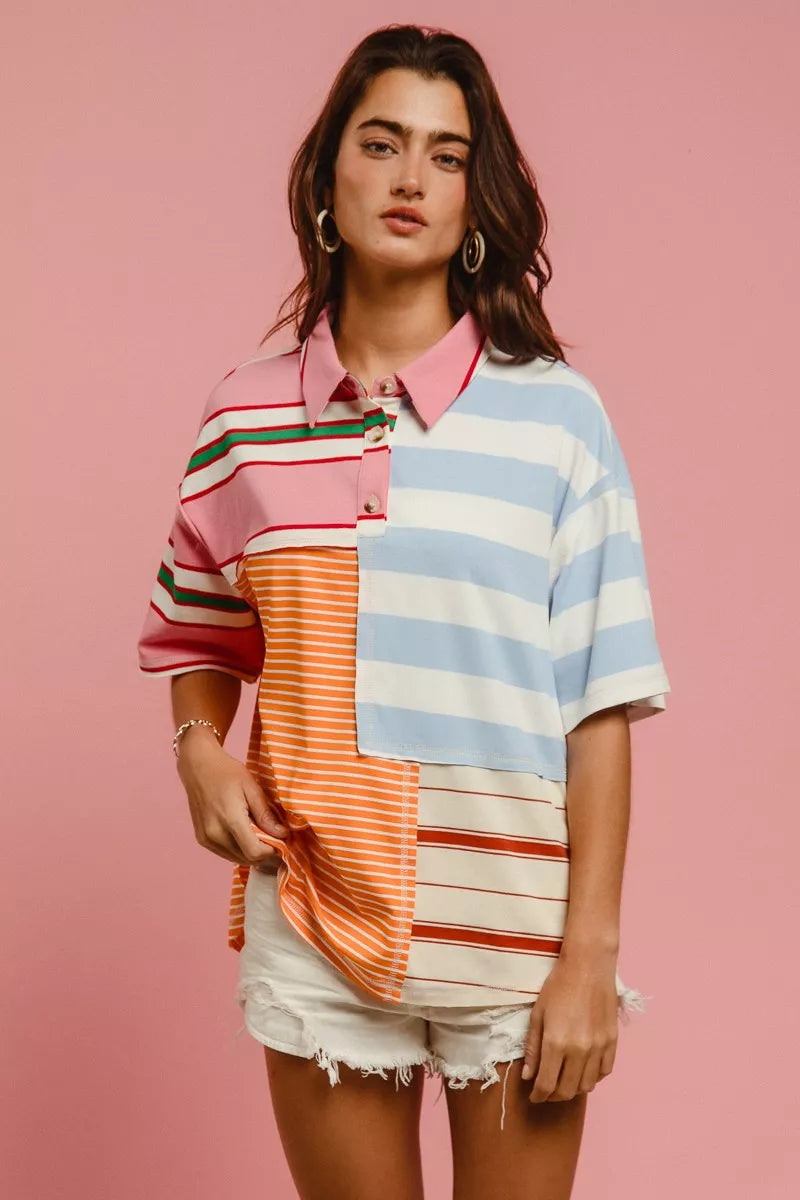 BiBi Mix And Match Stripe Color Block Shirt in vibrant pink, blue, orange stripes