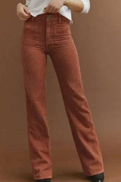 Women’s high-waist terracotta corduroy flared pants with square pockets