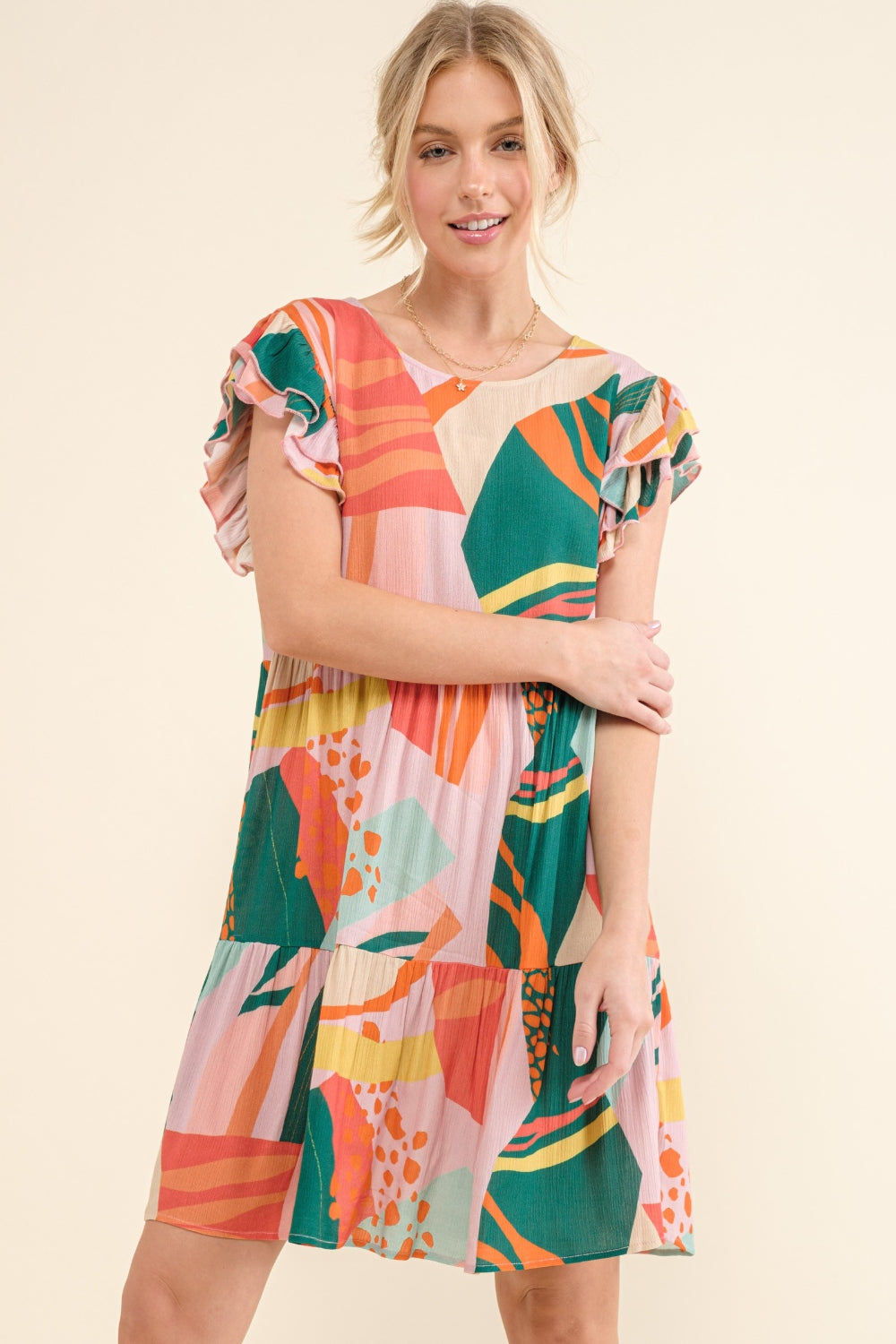 And The Why Printed Double Ruffle Sleeve Dress GREENERY