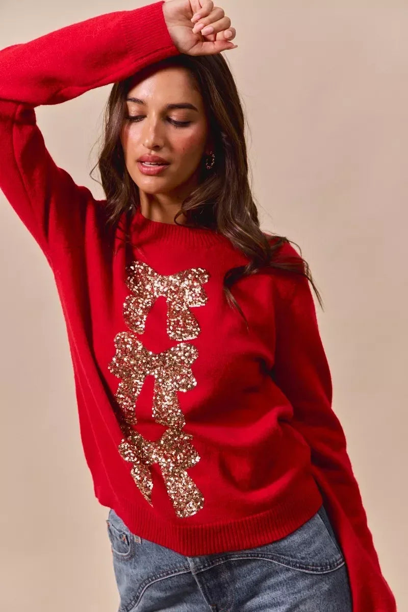 SO ME Sequins Bow Ribbon Embellished Christmas Sweater - DAVERRI FASHIONS