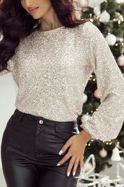 Cutout Sequin Round Neck Long Sleeve Blouse | Blouses Daverri Fashions
