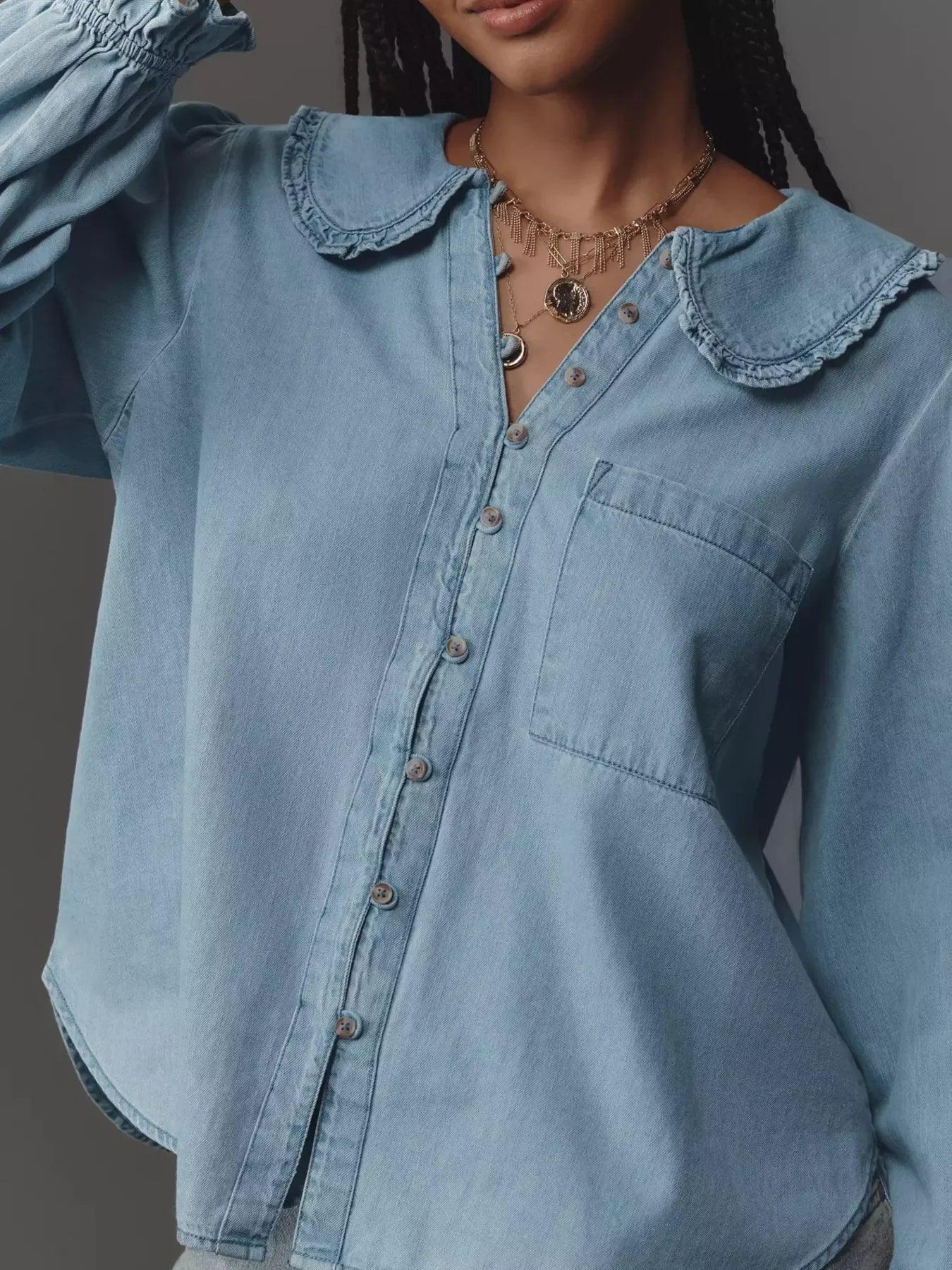 Daverri Fashions Peter Pan Collar Ruffled Denim Shirt - DAVERRI FASHIONS