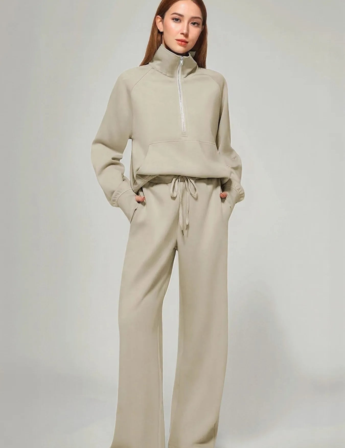 Khaki Half Zip Long Sleeve Top and Pants Set | Loungewear Sets Daverri Fashions