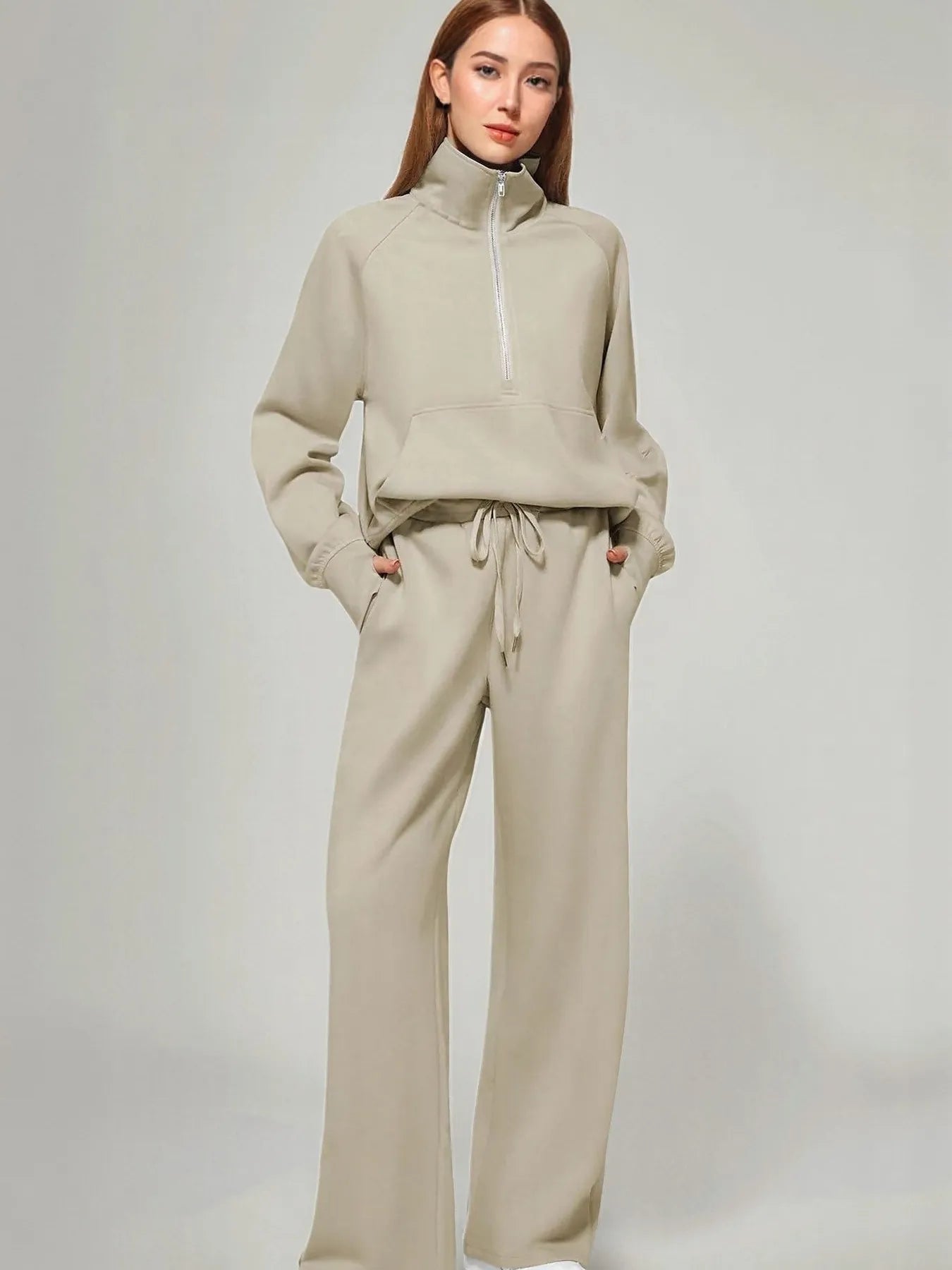Khaki Half Zip Long Sleeve Top and Pants Set | Loungewear Sets Daverri Fashions
