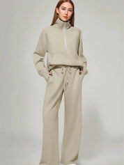 Khaki Half Zip Long Sleeve Top and Pants Set | Loungewear Sets Daverri Fashions