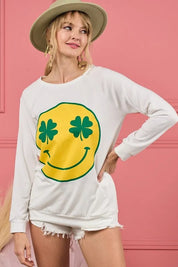 BiBi Smile Face Graphic Round Neck Long Sleeve Top | Tops Daverri Fashions