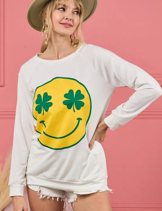 BiBi Smile Face Graphic Round Neck Long Sleeve Top | Tops Daverri Fashions