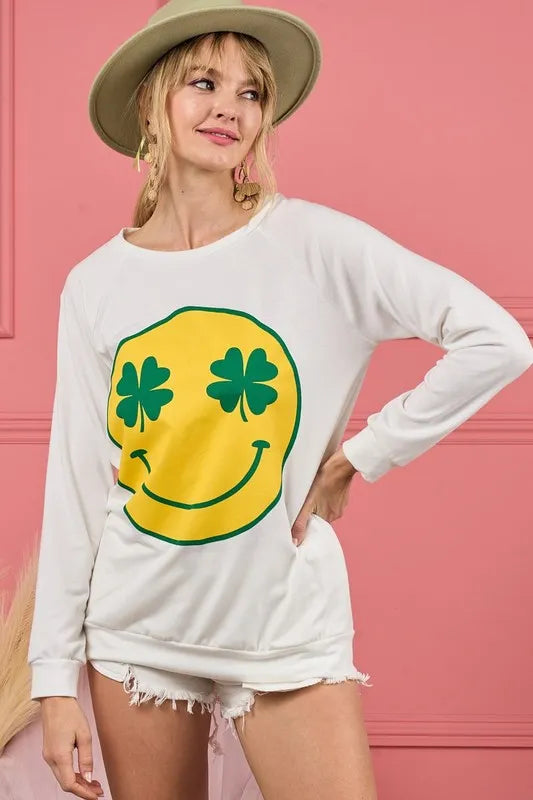 BiBi Smile Face Graphic Round Neck Long Sleeve Top | Tops Daverri Fashions