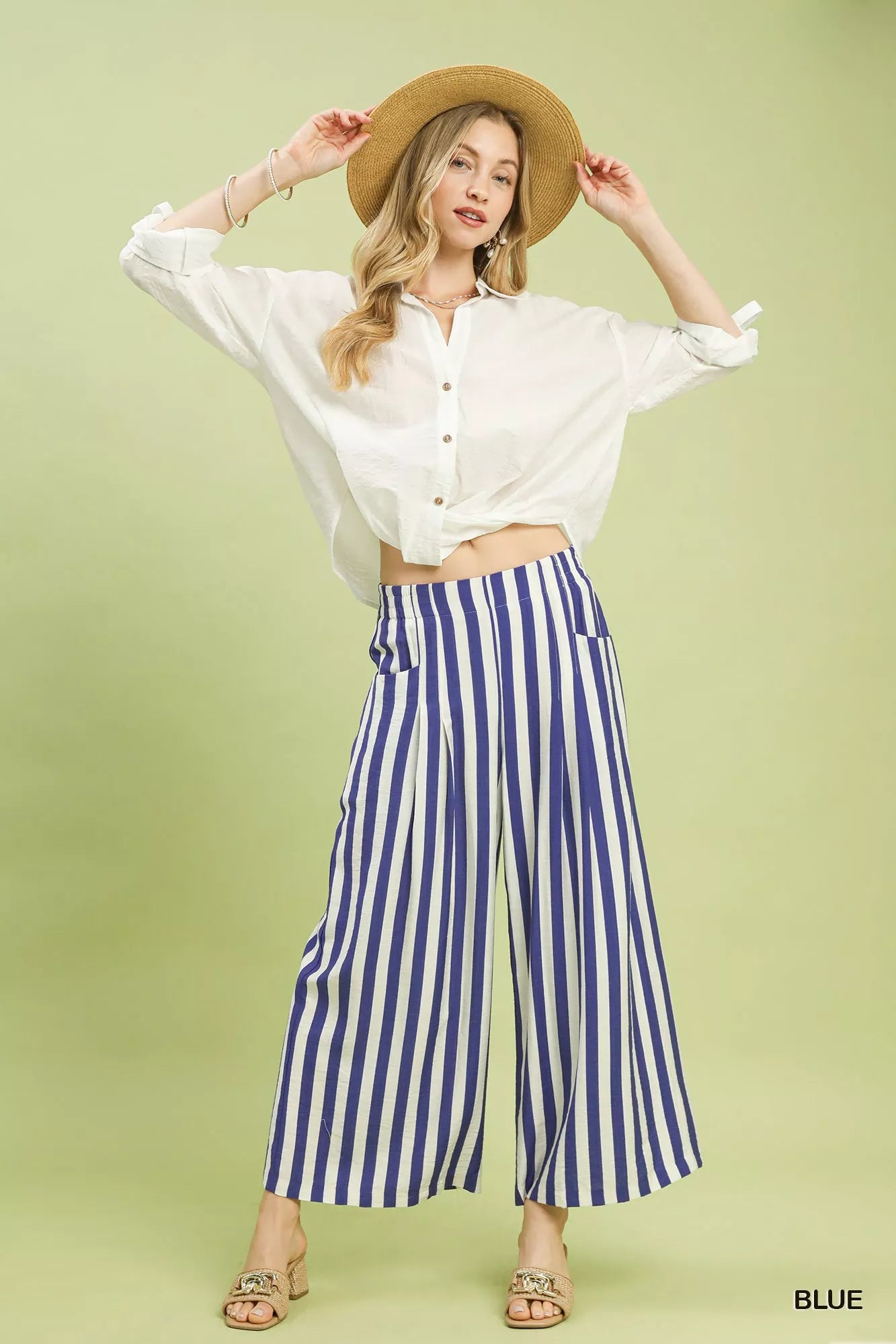 Blue and white vertically striped Umgee wide-leg pants